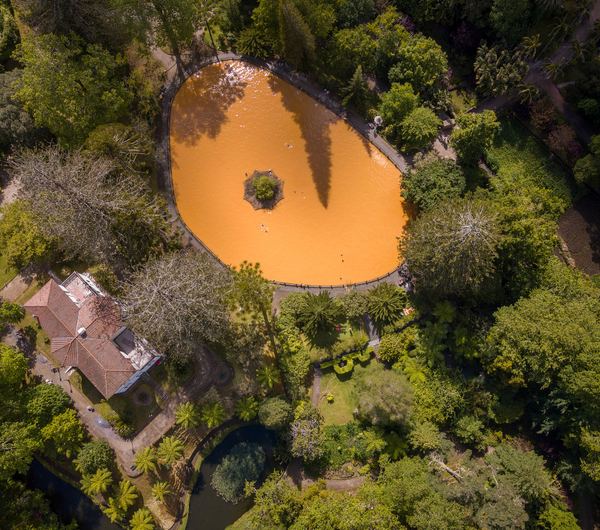 Aerial view of the ochre thermal pool at Parque Terra Nostra in Furnas